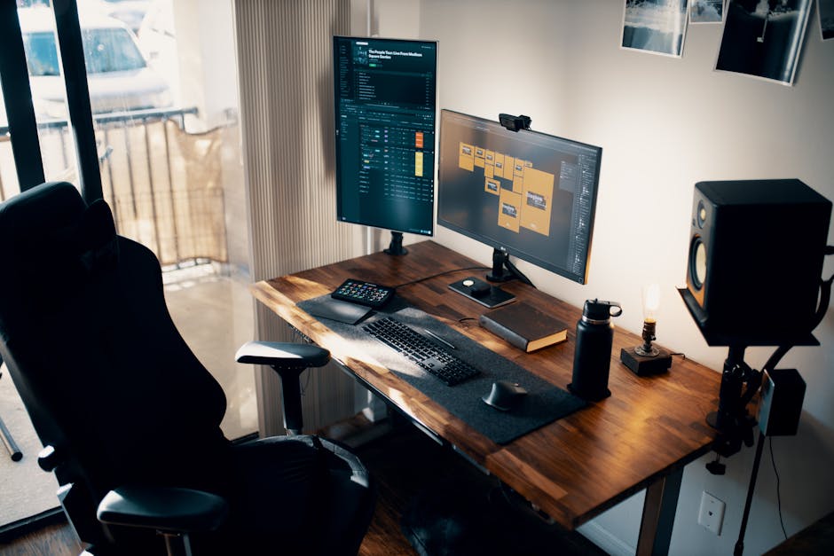 Contemporary office setup with dual monitors, ergonomic chair, and wooden desk.